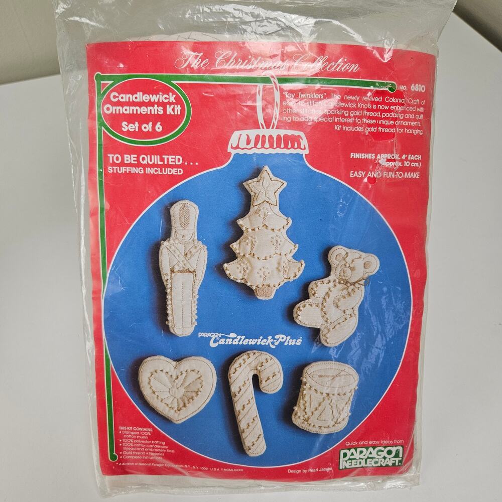 NEW Vintage 1983 Paragon Needlecraft Candlewick 6pc Ornament Kit 6810 Quilted